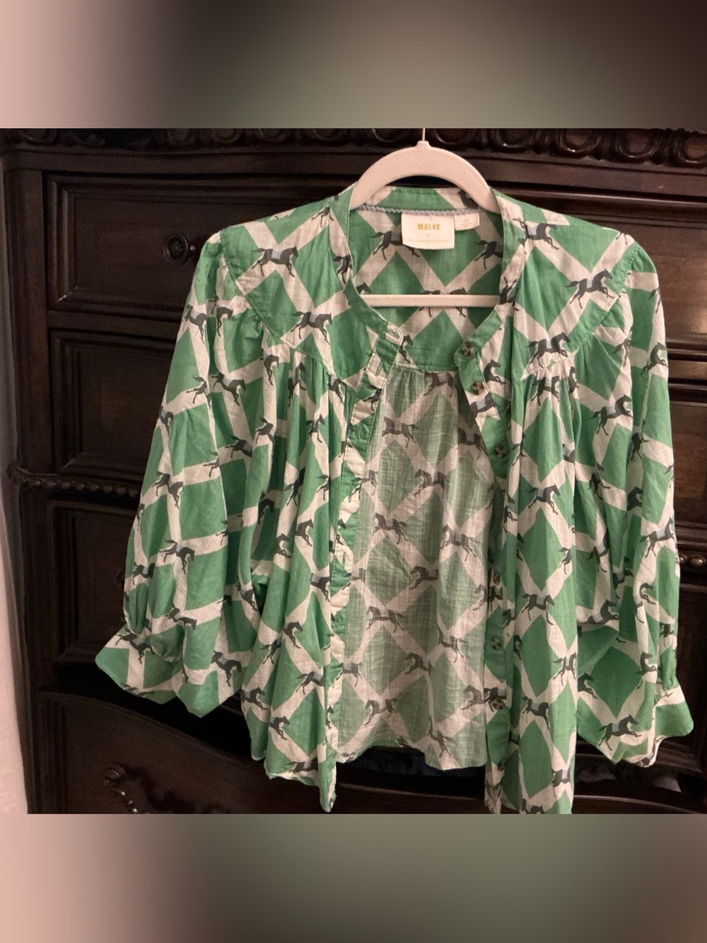 Anthropologie Maeve Green & White Horse-Print Button Front Blouse